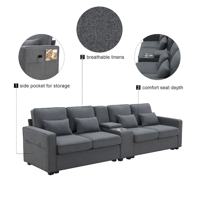 Modern Linen Fabric Upholstered Sofa with Console, 4Pillows,Cupholders,USB