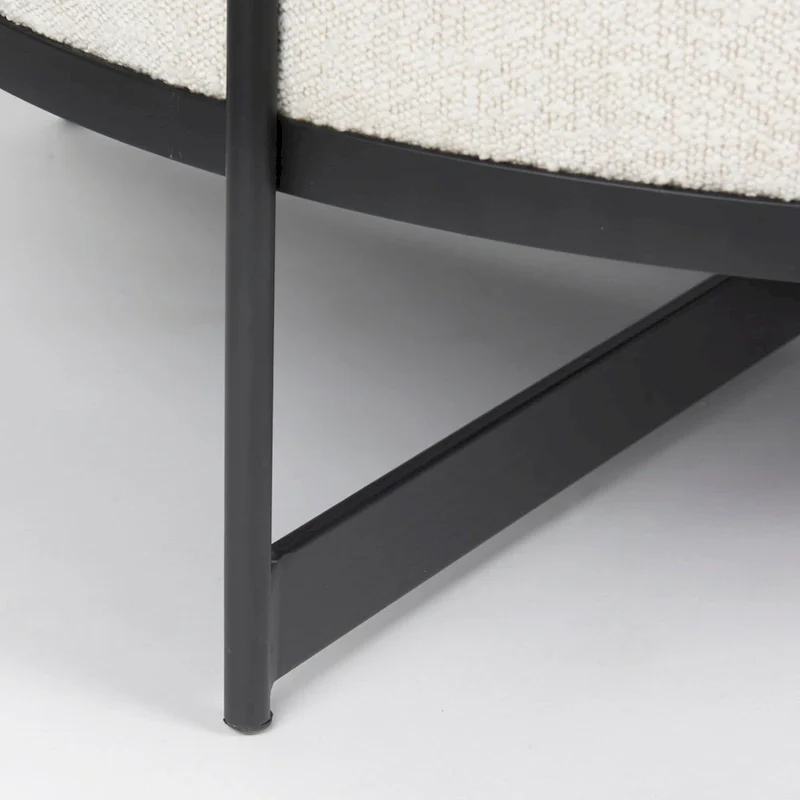 Amelia Cream Boucle Fabric with Black Metal Frame Round Ottoman