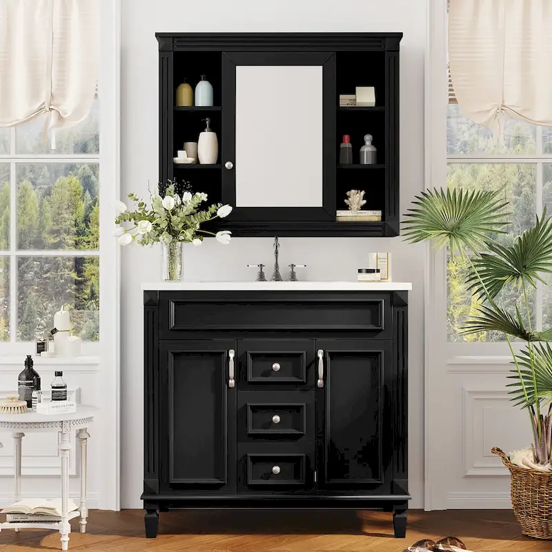 Black Freestanding Single Sink Bathroom Vanity with Mirror Cabinet, 36 Inch