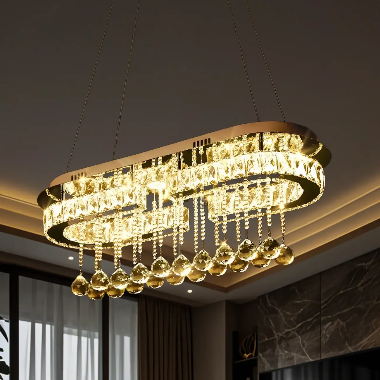 Luxury Crystal Rectangle LED Island Pendant Light for Kitchen