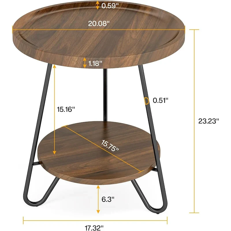 Round Side Table, Wooden End Table, 2-Tier Sofa Side Table with Metal Legs