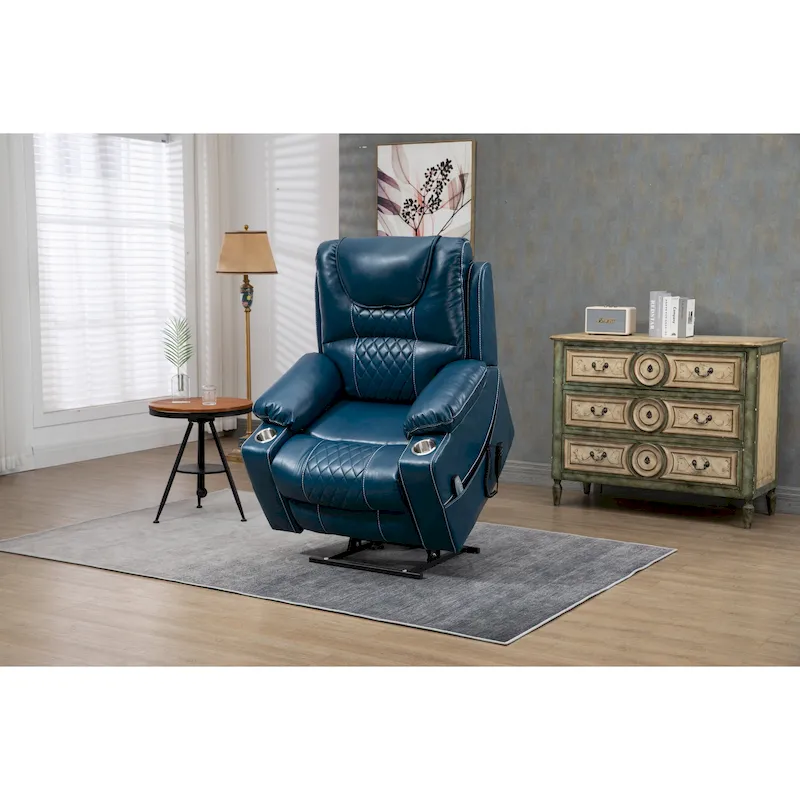 Oversized PU Leather Power Lift Recliner with Massage & Heat – Blue