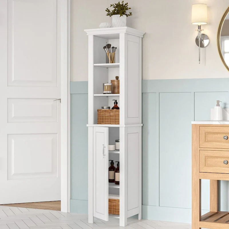 Single Door Tall Bathroom Cabinet Storage Organizer with Open and Adjustable Shelves - White