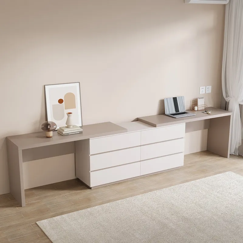 Expandable Home Office Desk 102-144 Inch Adjustable Length with 6 Drawers Modern Dual-Color MDF Dresser Desk for 2 People