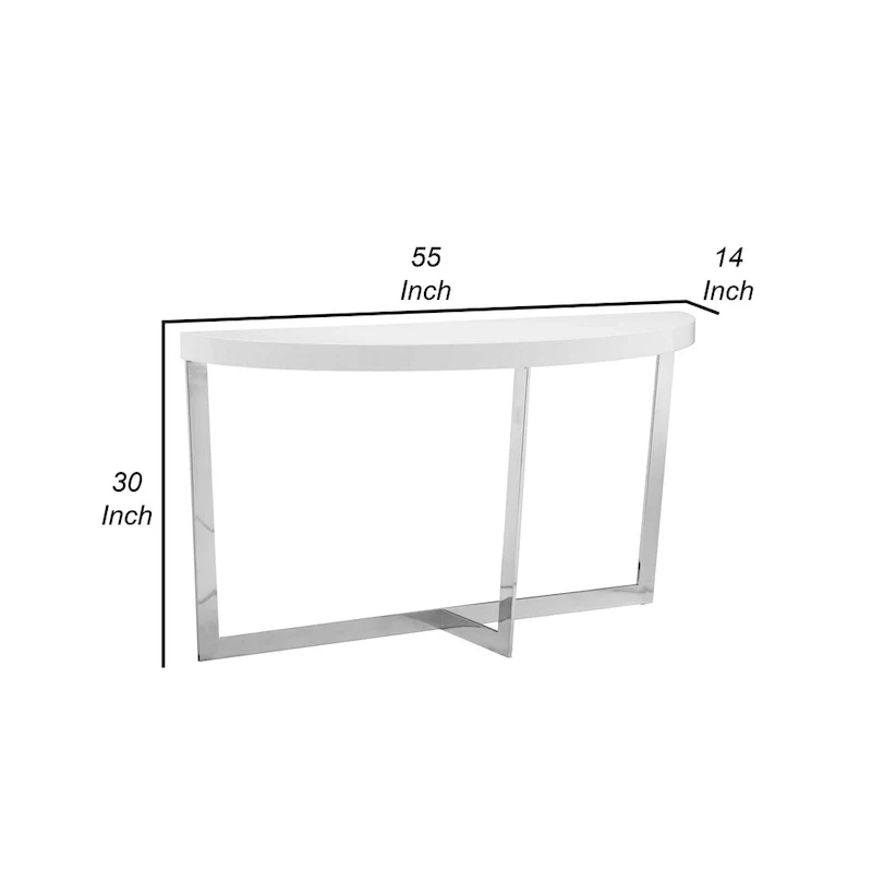 Tini 55 Inch Console Table, Oval Top, Chrome Frame, Sleek White Finish