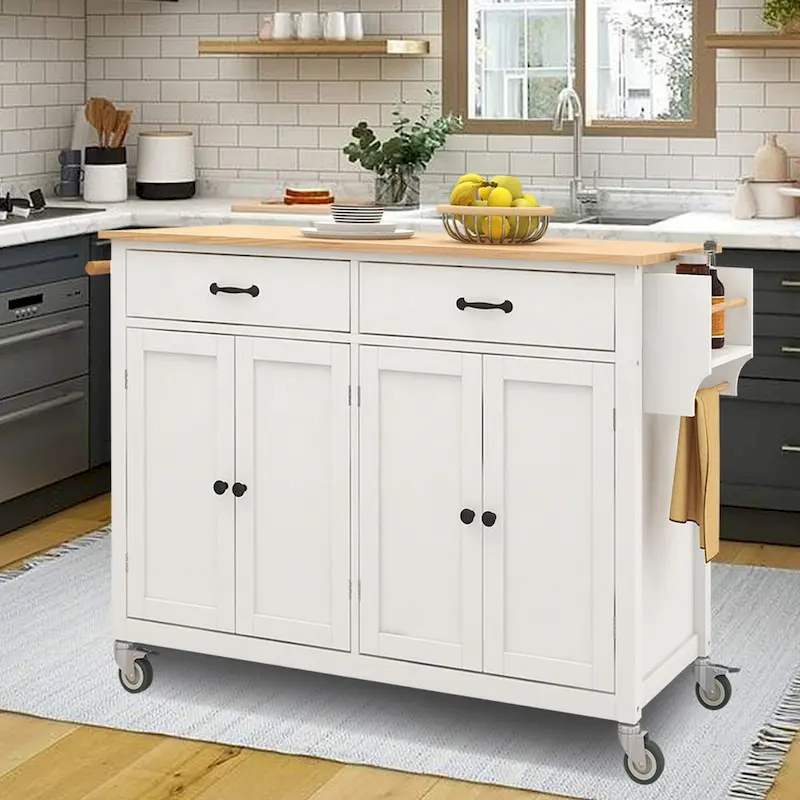 Kitchen Island Cart, Solid Wood Top, 4-Color Options