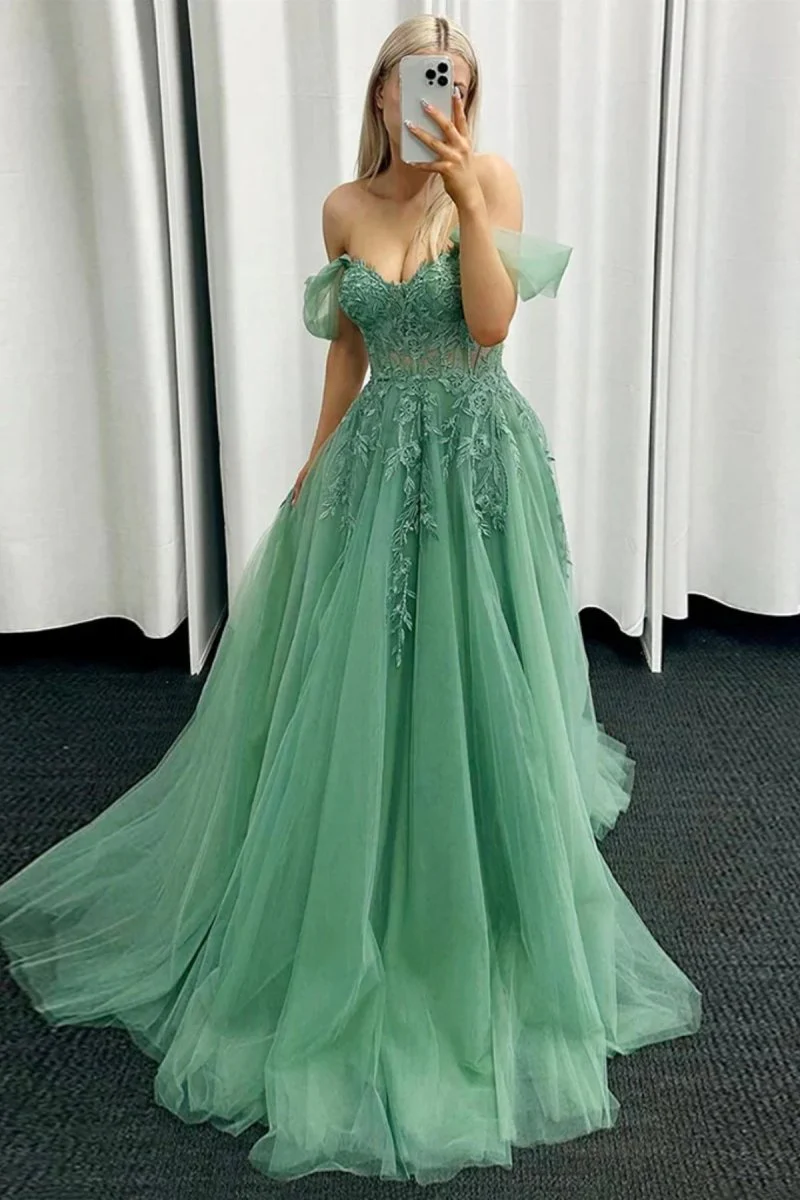 Off the Shoulder Mint Green Tulle Lace Prom Dresses with Appliques