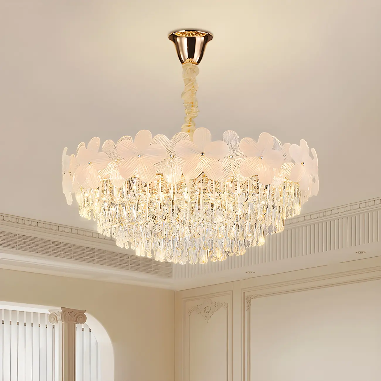 Golden Flower Crystal Chandelier Elegant LED for Living Room