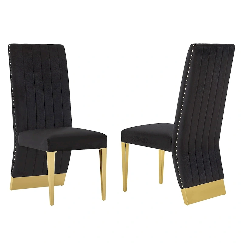 Modern Channel High Back Dining Chairs with Nailhead Trims and Polished Metal Legs