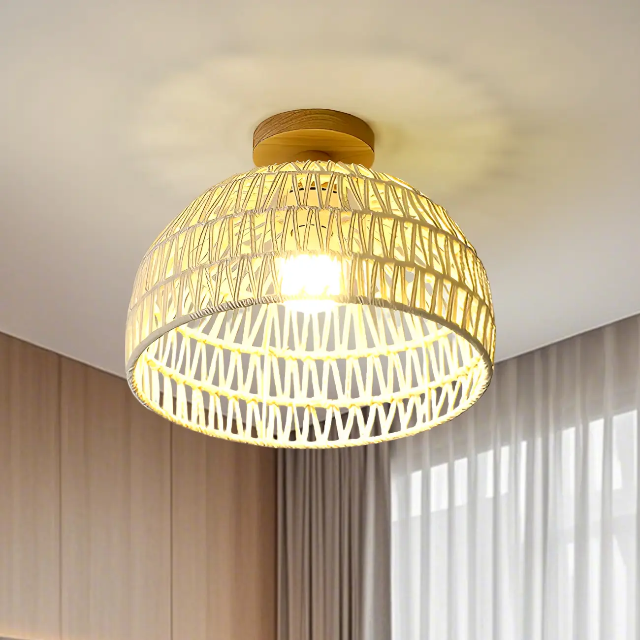 Natural Finish Semi Flush Ceiling Light with Rope Dome Shade