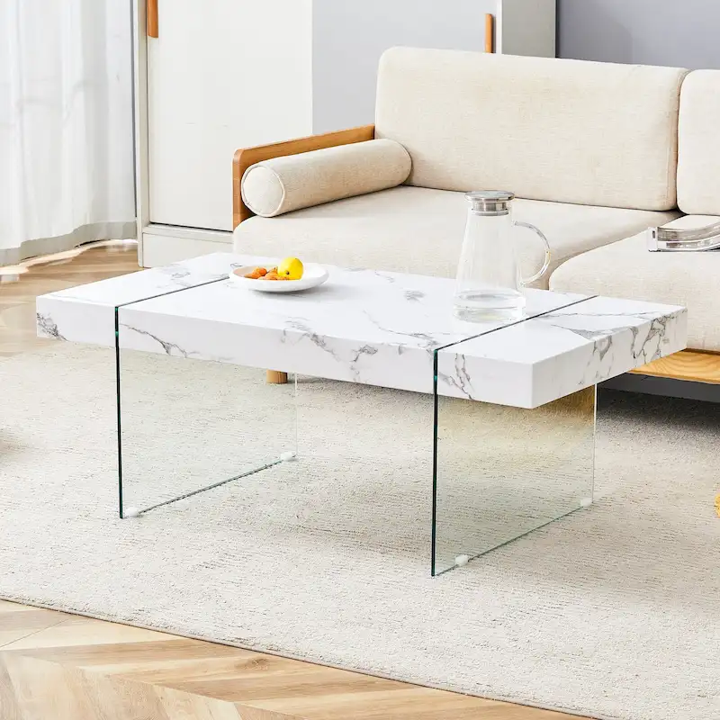 Rectangular Coffee Table, White/Wood/Black, Tempered Glass Legs, MDF Top, 1-Person