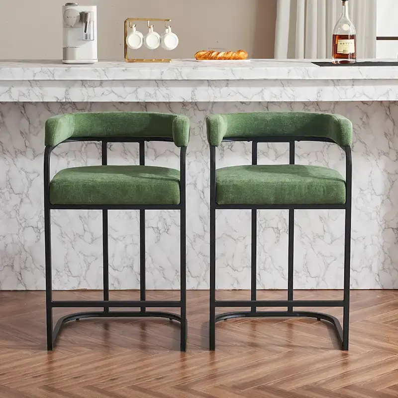 Fabric Upholstered Bar Stools Set of 2, Counter Height Bar Stools with Barrel Back, Dining Chair with Metal Frame and Arms
