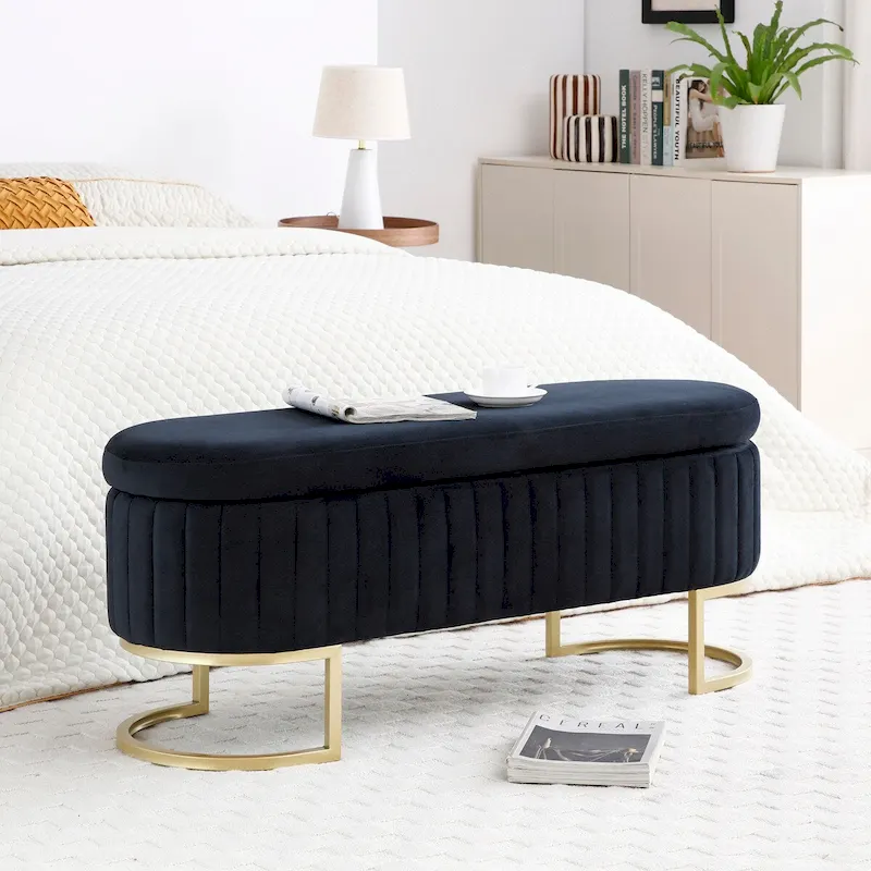 Storage Bench Bedroom Bench,Velvet Oval Upholstered End of Bed Bench with Golden Metal Legs,50 Storage Ottoman Bench
