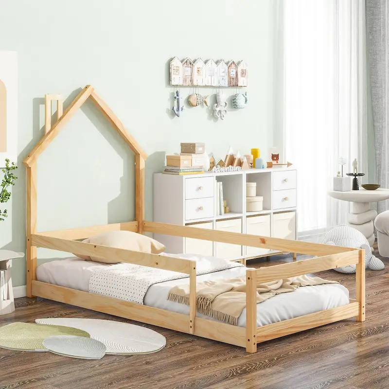 House-Shaped Headboard Twin Floor Bed with Guardrails, Light Green/Blue/Natural, 1-Person