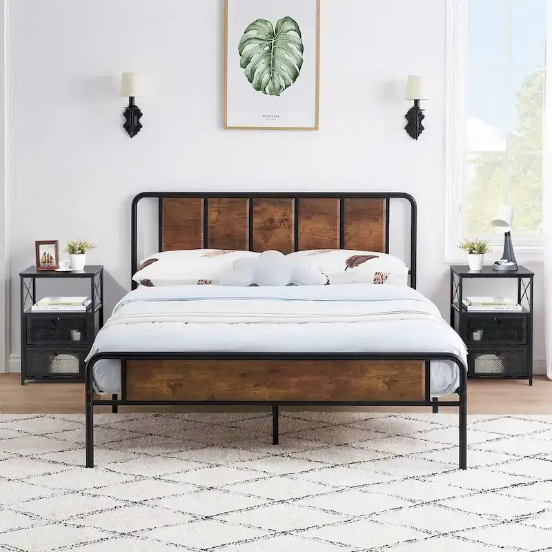 Taomika 3-pieces Industrial Modern Bed Frame and Nightstands Set