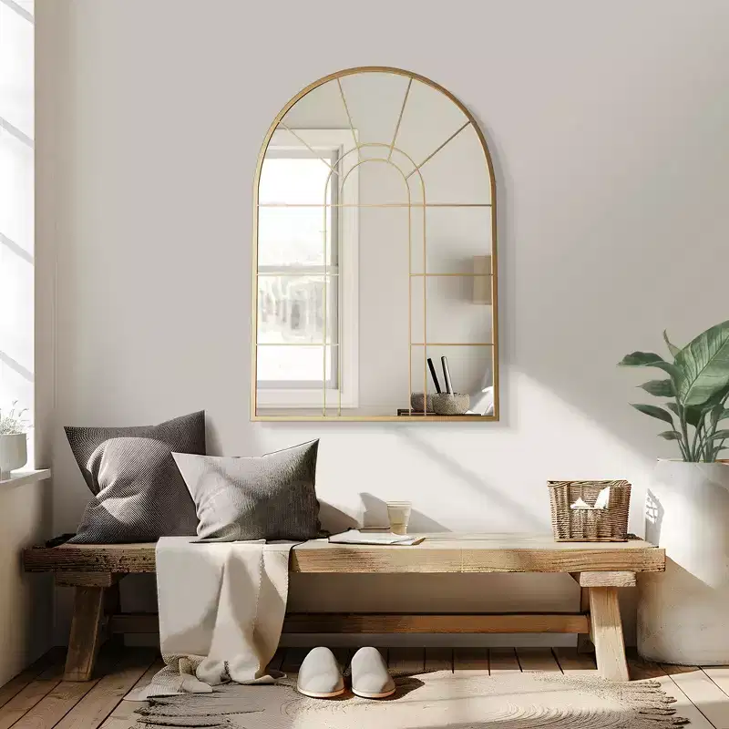 Iron Art Right Angle Double Arch Golden Grid Wall Mirror 105*70*2cm