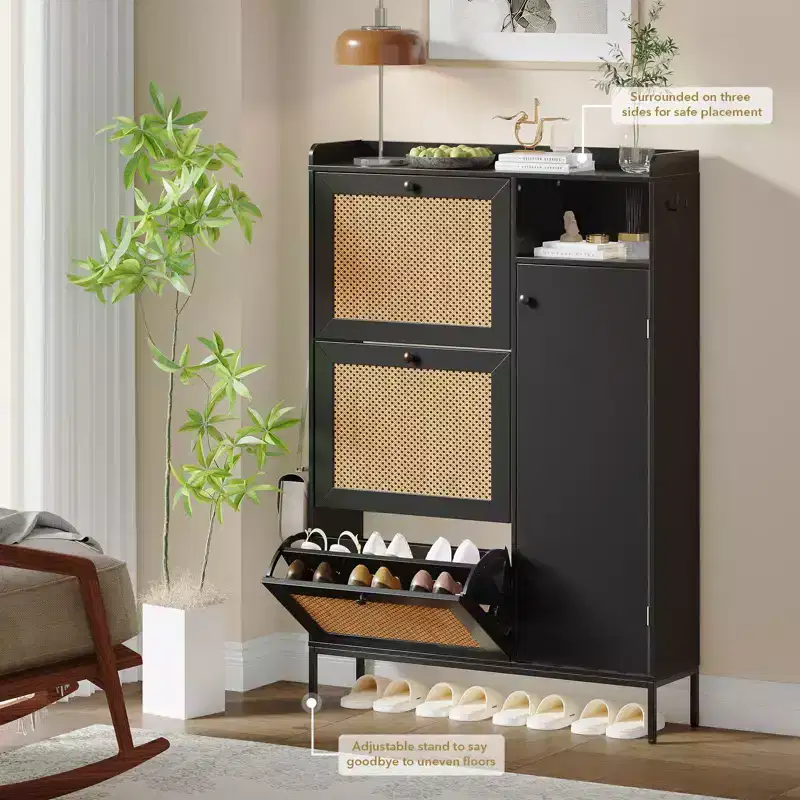 Acekool 3-Tier Shoe Cabinet with Natural Rattan Flip Drawers, Adjustable Shelves & Open Storage, Entryway Organizer in Multiple Finish