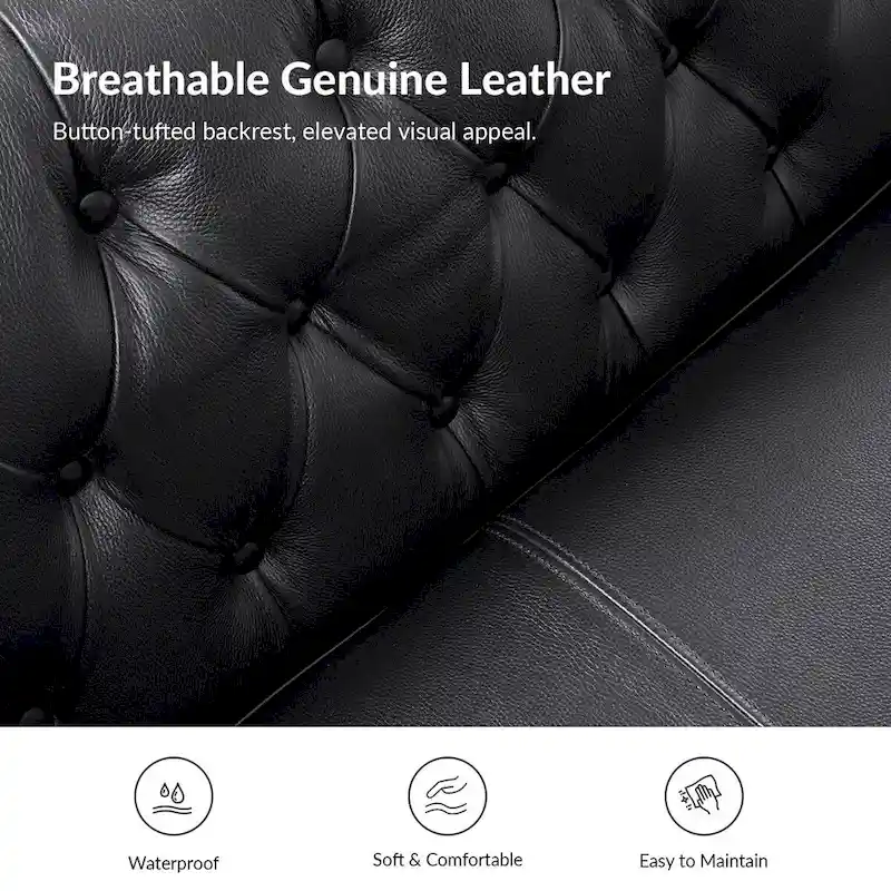 Transitional Genuine Leather Tufted Design Sofa with Solid Wood Legs