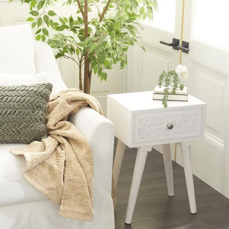 Mango Wood Scroll Intricately Carved Single Drawer Side End Accent Table - White - Roche River Decor