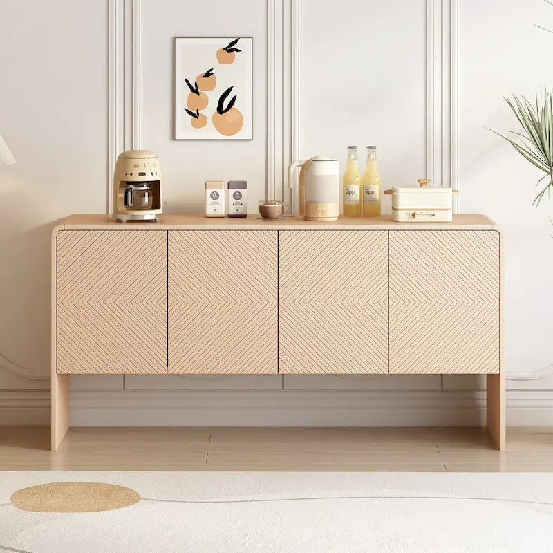 White / Apricot Cream 4-Door Sideboard with Adjustable Shelves, Push-Open, 1-Person Assembly