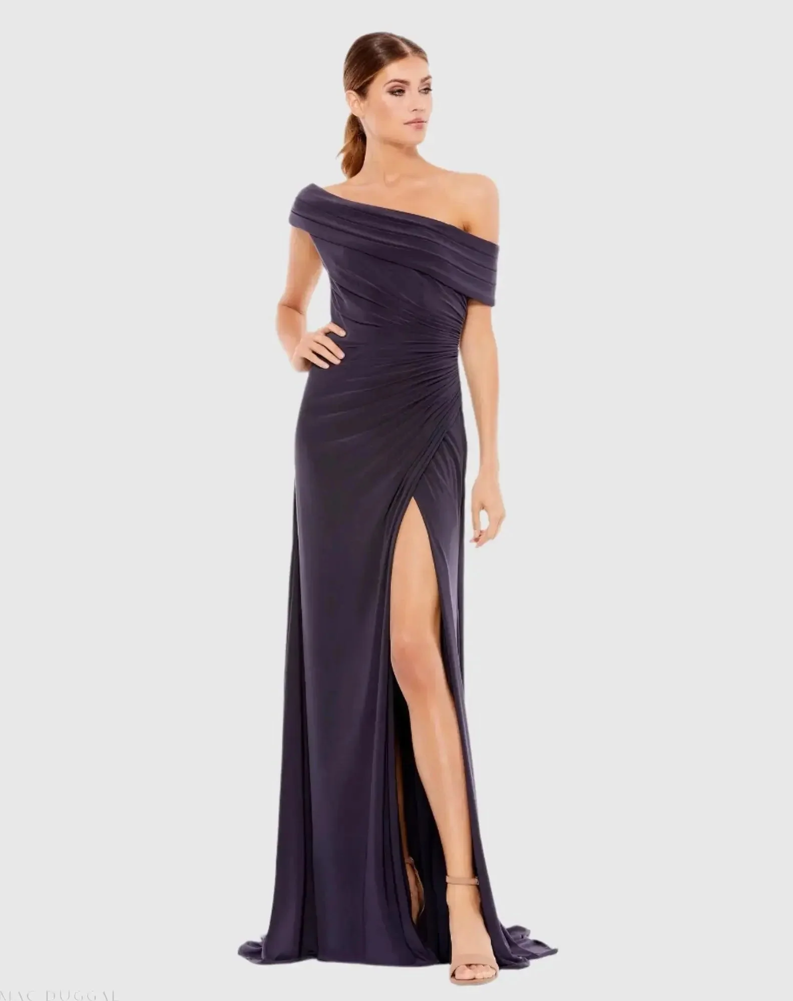 Purple Foldover Off-the-Shoulder Slit Gown