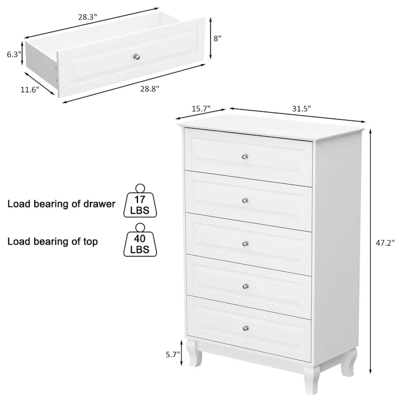 Chest of Drawers Tall 5 Drawer Dresser, Wood Dresser End Table Console