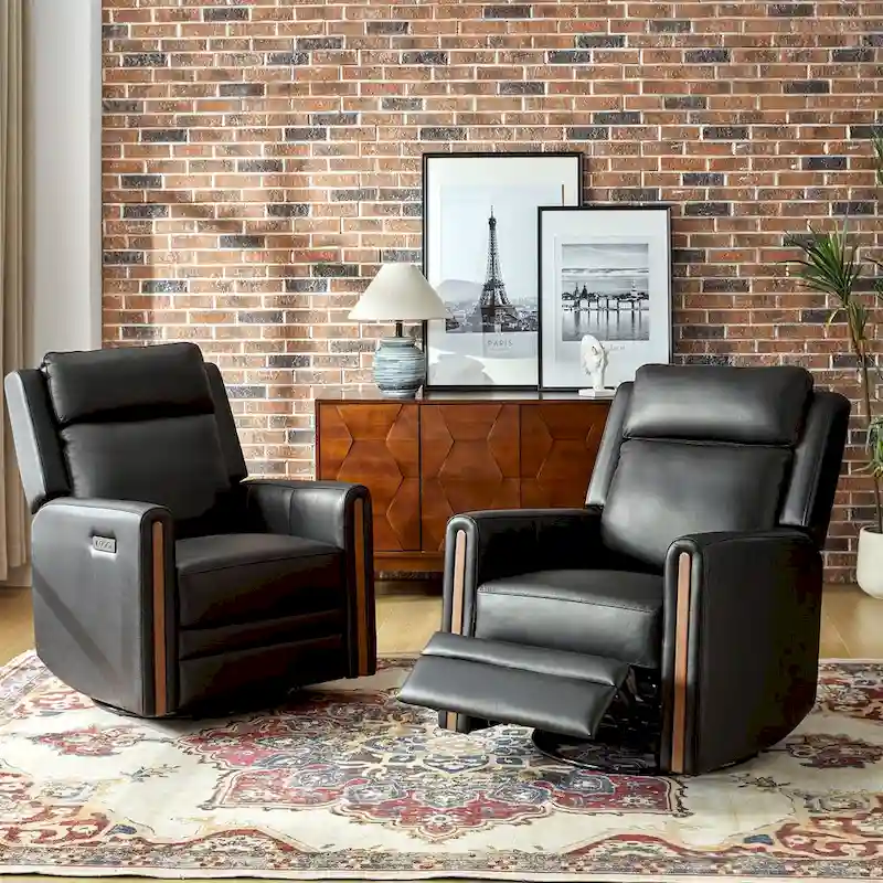 Jaime Modern Genuine Leather Power Rocking Swivel Recliner with Adjustable Headrest and Footrest Set of 2 by HULALA HOME