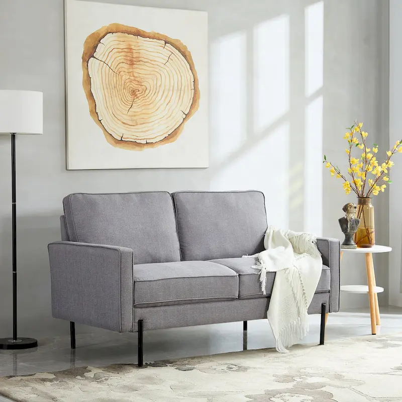 Snowhill 57W Modern Linen Loveseat, 2-Seater, Matte Black Metal Legs