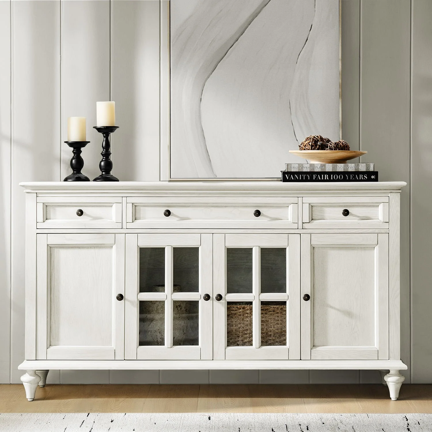 58 in 3-Drawer 4-Door Sideboard with Ball-Slide Glides, 3 Interior Shelves & Solid Wood Legs | White / Acorn | Single