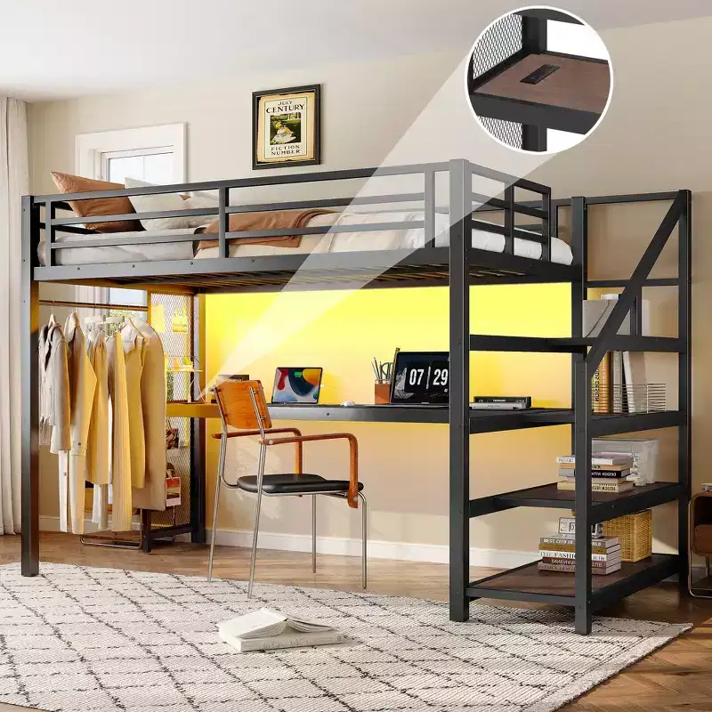 Bellemave Twin XL Metal Loft Bed with Desk & Storage Stairs, LED Lights, USB Ports, Iron Net Panels, Noise-Free Frame, Black