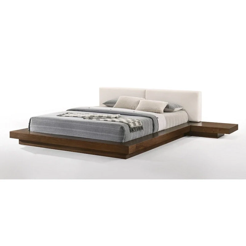 Contemporary Walnut & White Platform Bed | Low Profile, Queen Size, Modern Bedroom