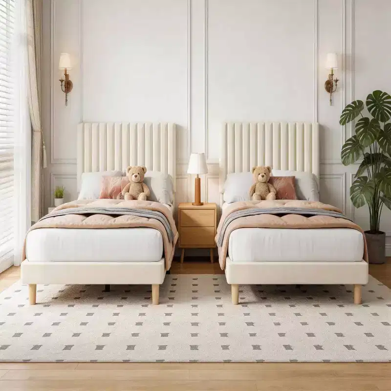 Set of 2 Twin Size Velvet Platform Beds with Adjustable Headboard  Vertical Channel Tufted Design, No Box Spring Needed, Sturdy 800 lbs Capacity