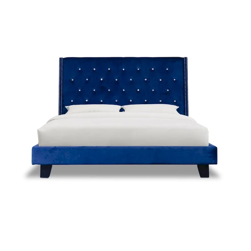 Blue Velvet Tufted Platform Bed - Modern Upholstered Bedroom Furniture