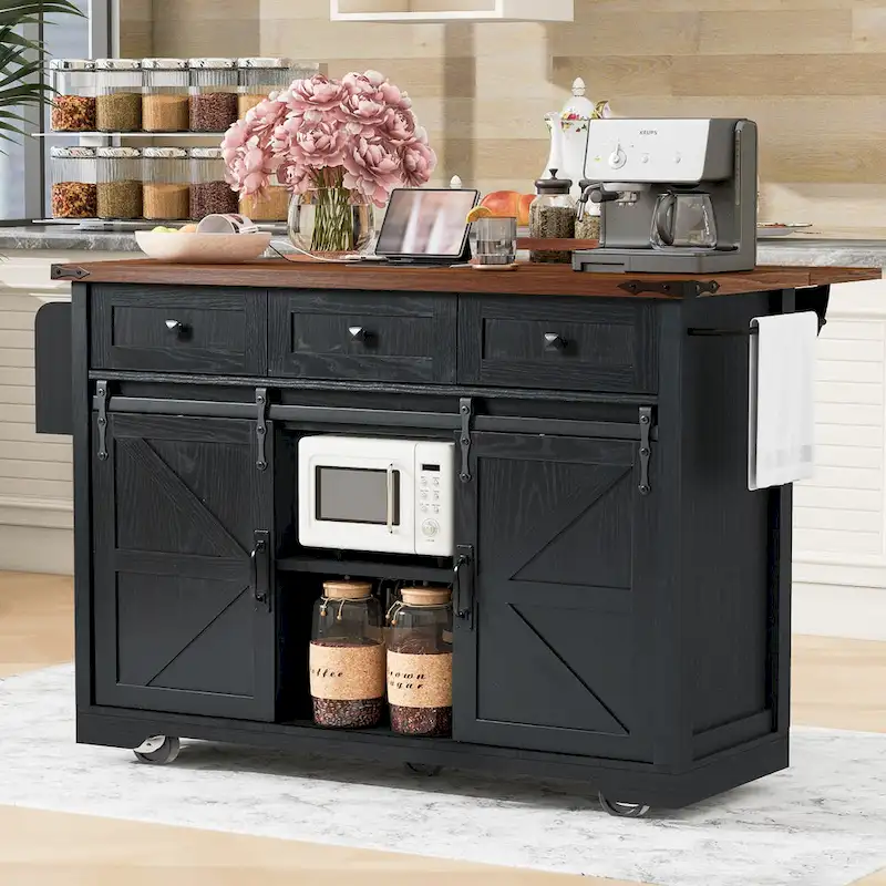 Farmhouse Kitchen Island with Power Outlet, 2 Sliding Barn Door Kitchen Storage Island with Drop Leaf and Spice Rack