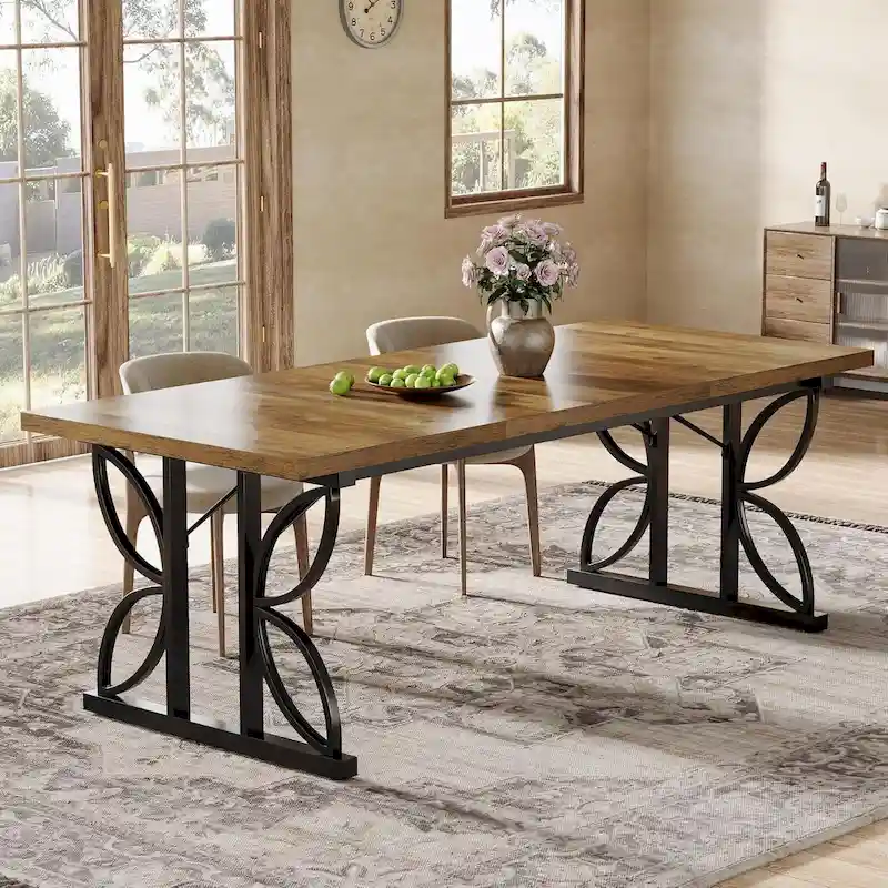 Brown & Black Farmhouse Rectangular Dining Table with Geometric Metal Legs (Seats 6-8)
