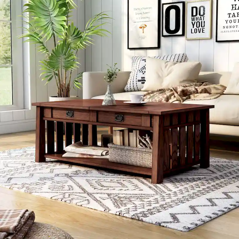 Mission Style Lift Top Coffee Table – Dark Oak / Antique Grey, 1 Lower Shelf, Seats 2–4