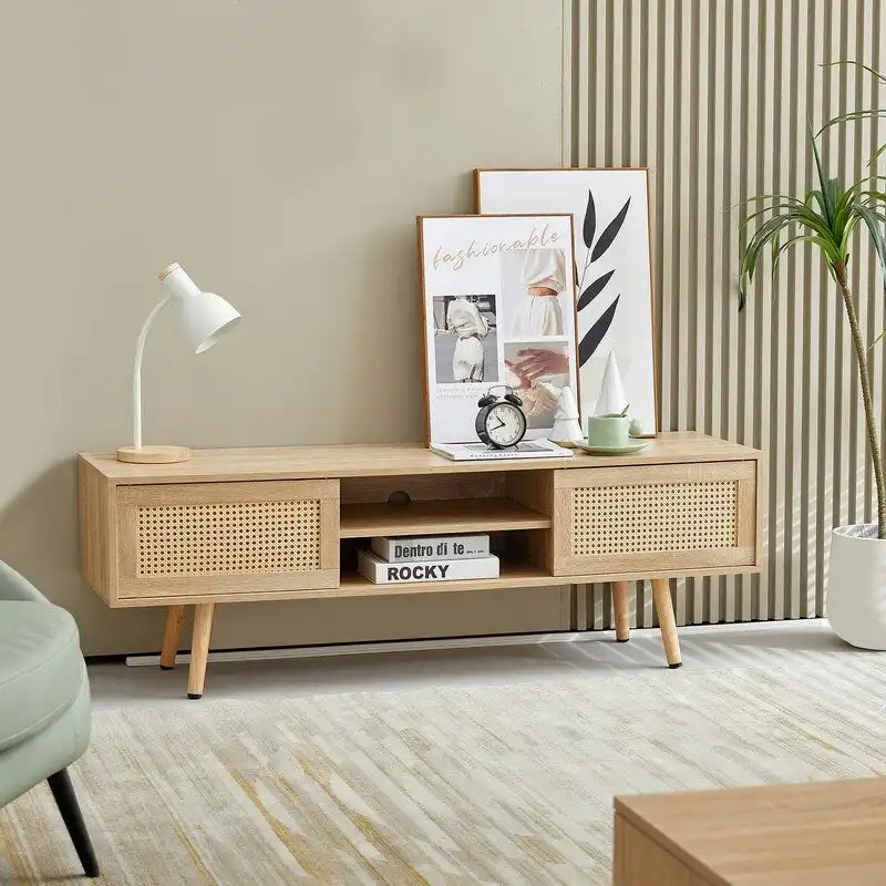 Rattan TV Stand with Sliding Doors