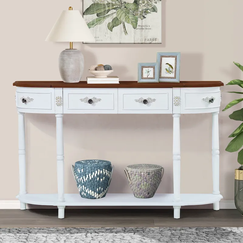 52 inch Circular Half Moon Sofa Table with Open Shelf and 2 Drawers