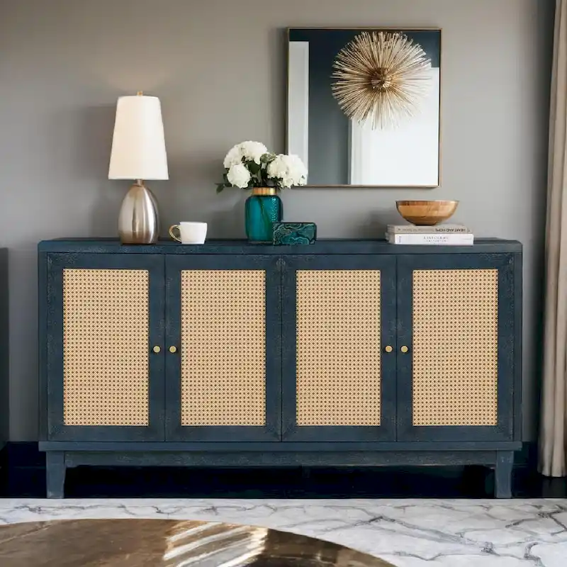 Handcrafted Premium Grain Panels,Rattan Sideboard Buffer Cabinet,Accent Storage Cabinet With 4 Rattan Doors