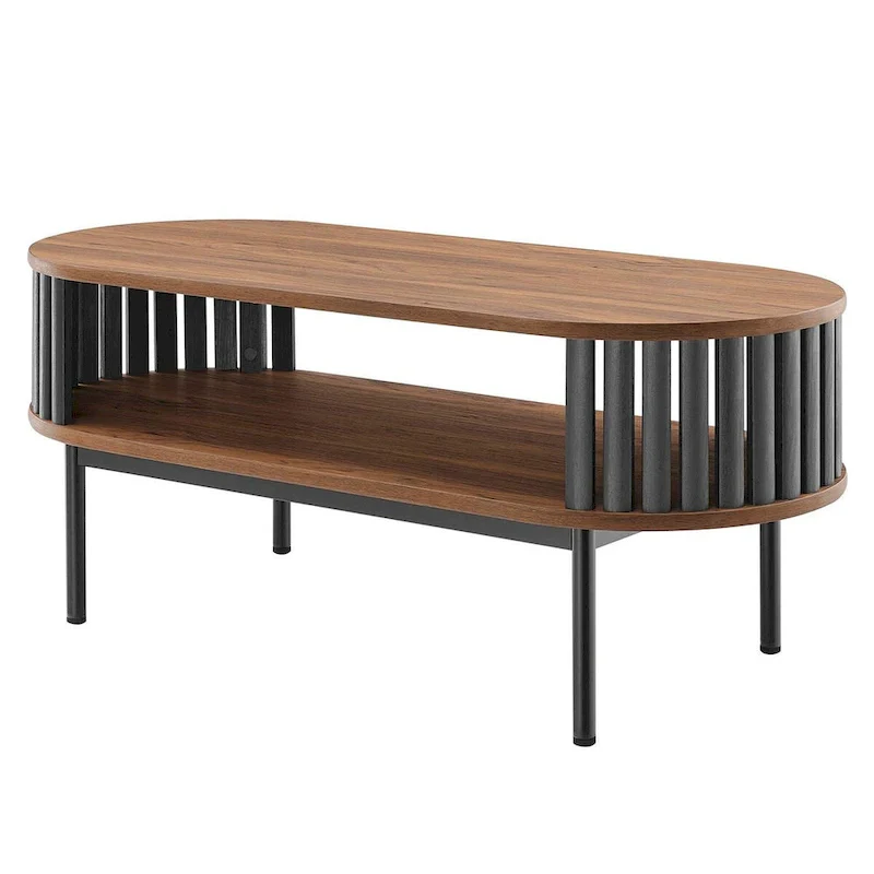 Walnut & Black Oval Coffee Table with Lower Shelf