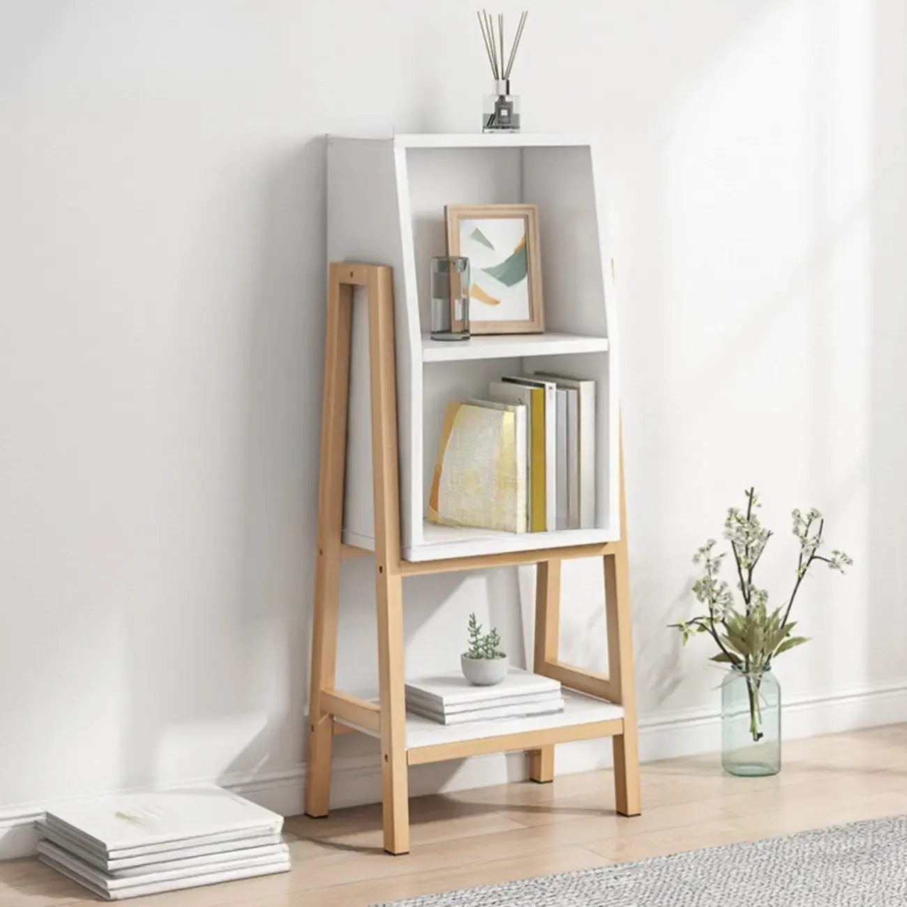 Narrow 2-Tier Natural White Wooden Ladder Bookcase