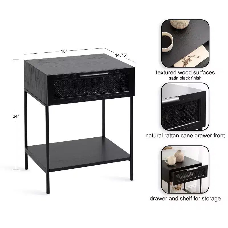Kate and Laurel Ori Wood and Cane Side Table , 18x15x24, Black