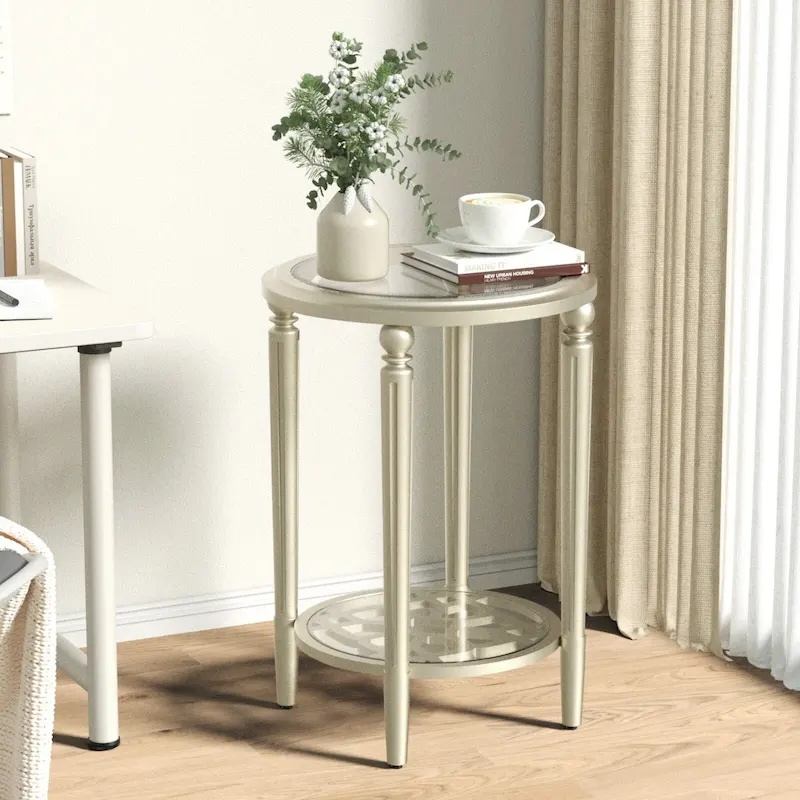 COSIEST Champagne Round Solid Wood Tempered Glass Coffee Table