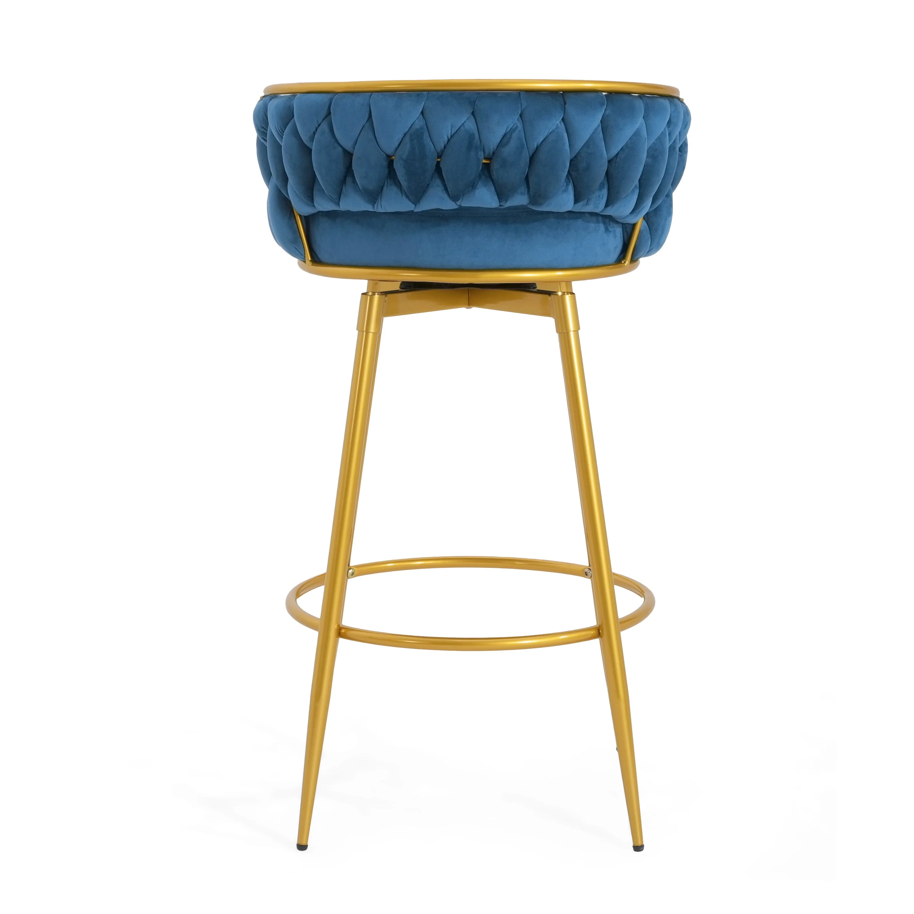 Set of 2 Velvet Swivel Bar Stools 180¡ã Gold Frame w/ Woven Back & Footrest