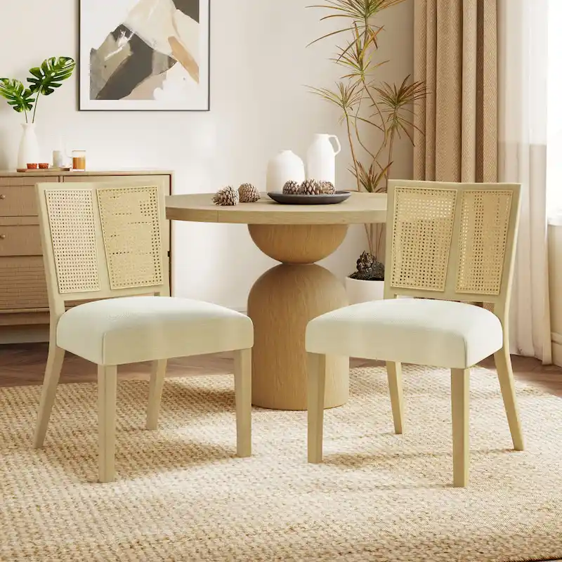 '- Oliver Mid-Century Rattan Back Upholstered Dining Chair Set of 2