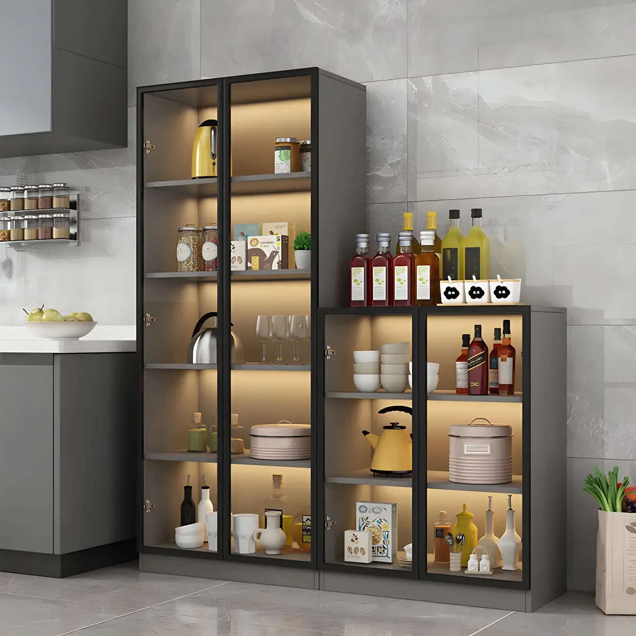 Modern Grey Wooden Display Cabinet with Glass Doors