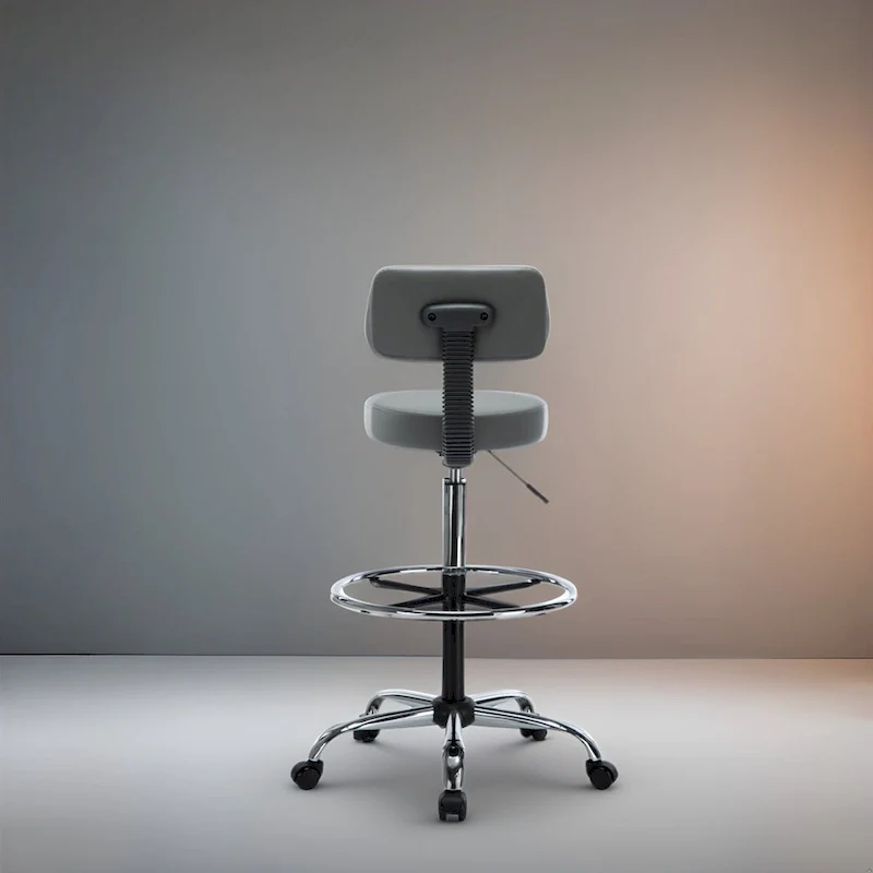 Height Adjustable Drafting Stool - With Premium Leather, Rolling Wheels