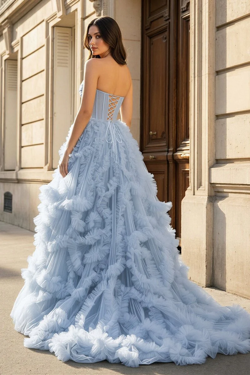 Blue Strapless Ruffle Tulle A-Line Long Prom Dresses with Slit