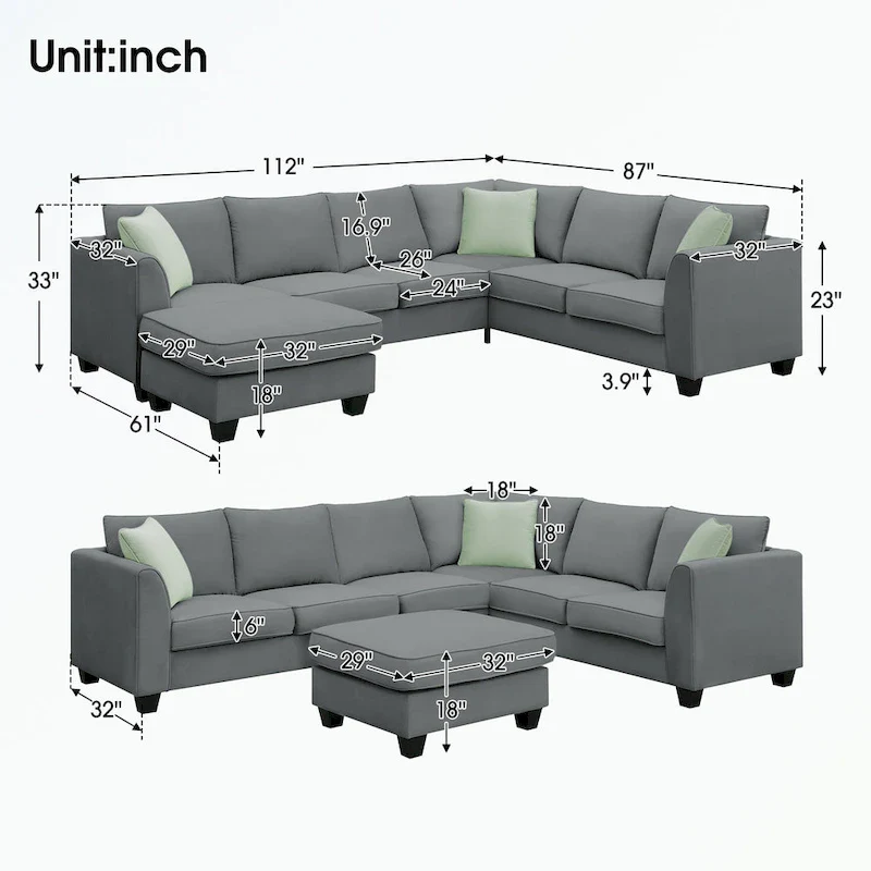 Modular Sectional Sofa with Ottoman and 3 Pillows