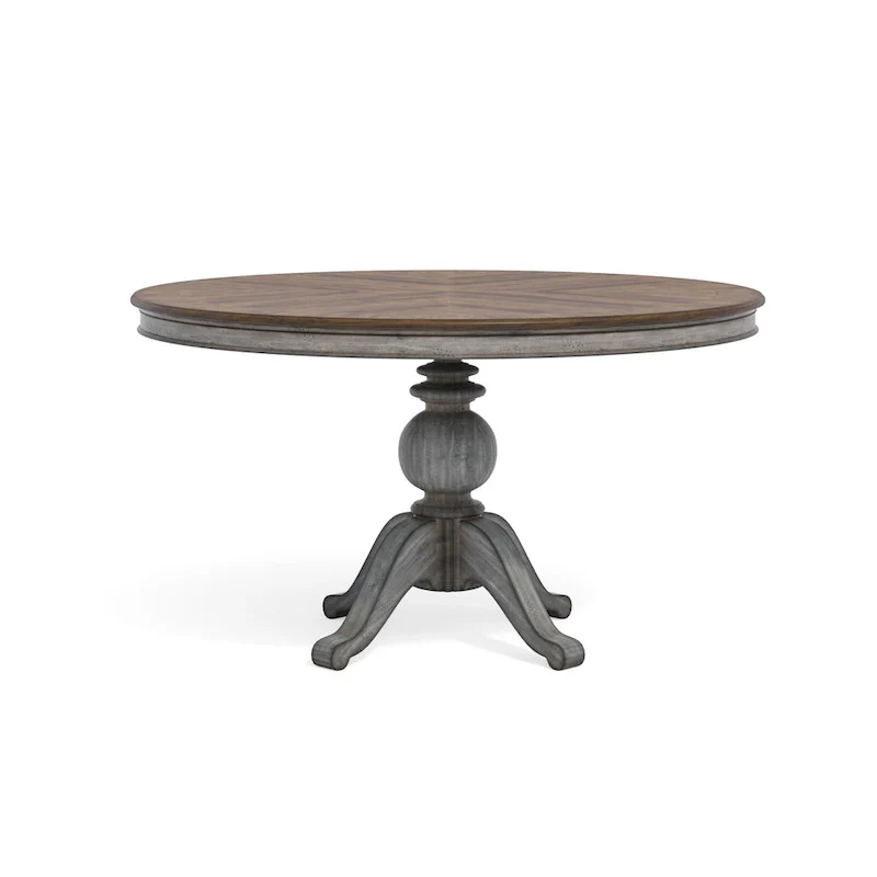 Gray and Brown Wood Pedestal Dining Table with Leaf - 54 Inch Expandable for 4-6 People